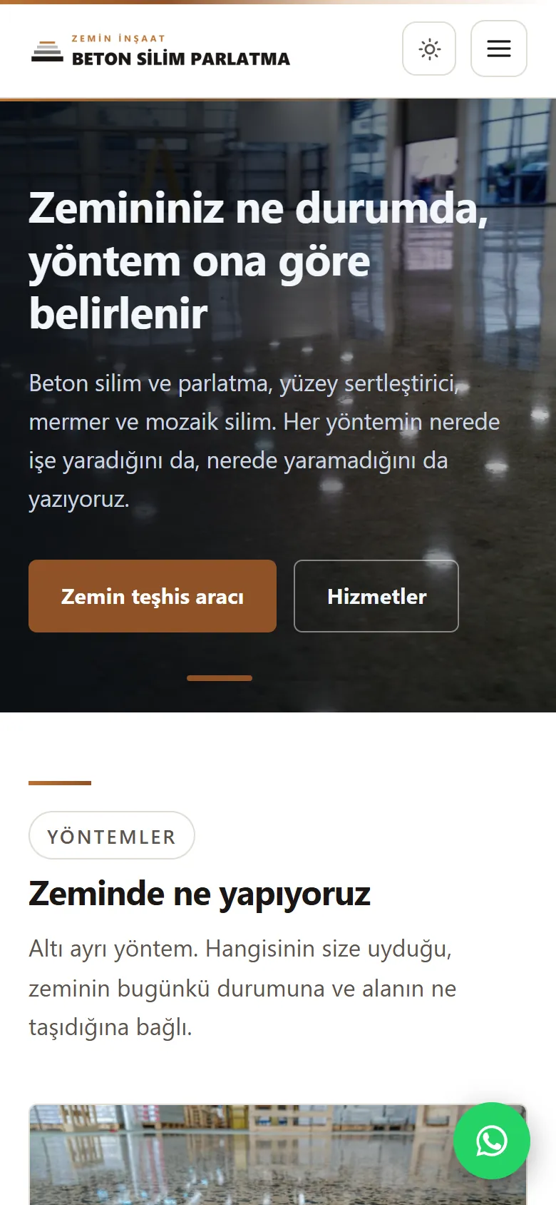Zemin İnşaat — Beton Silim Parlatma web sitesi mobil görünümü