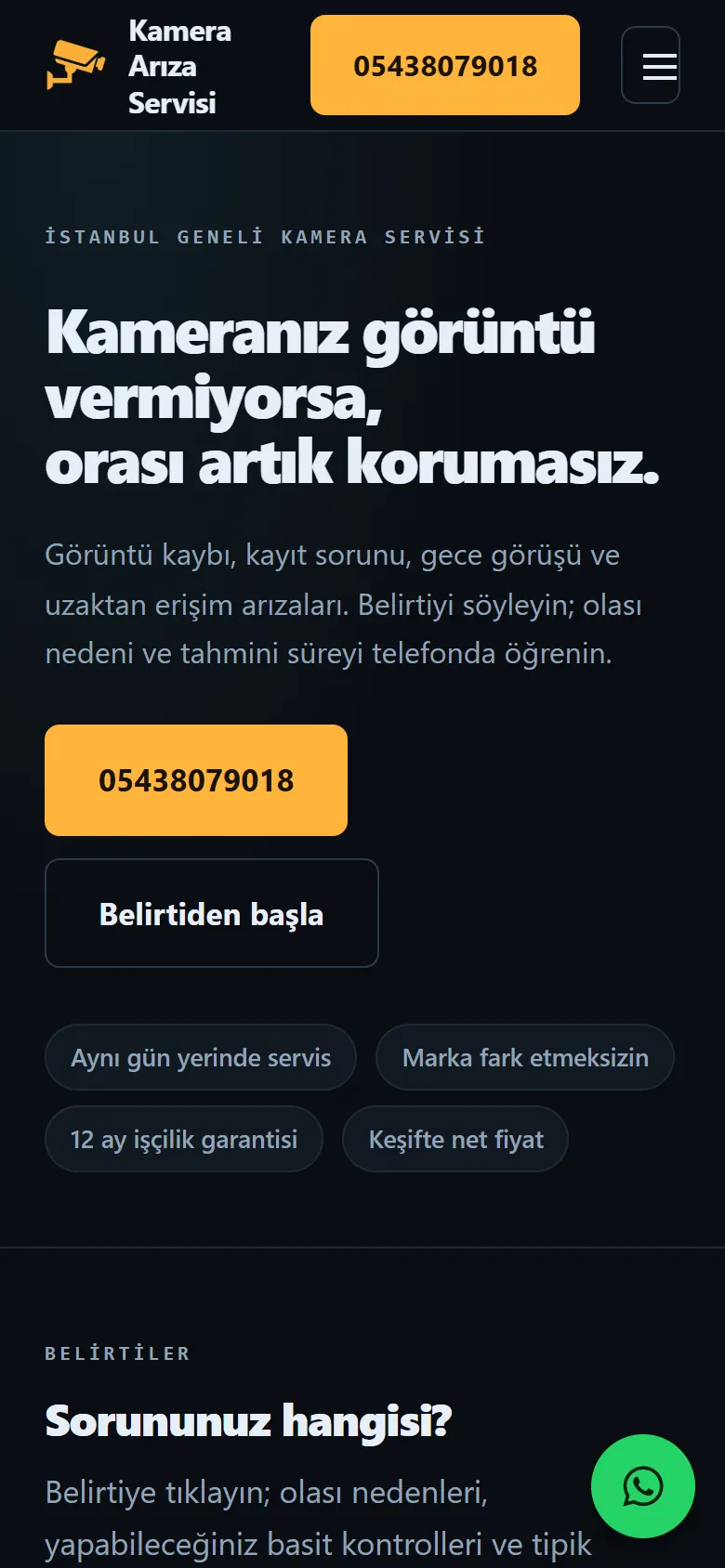 Kamera Arıza Servisi web sitesi mobil görünümü