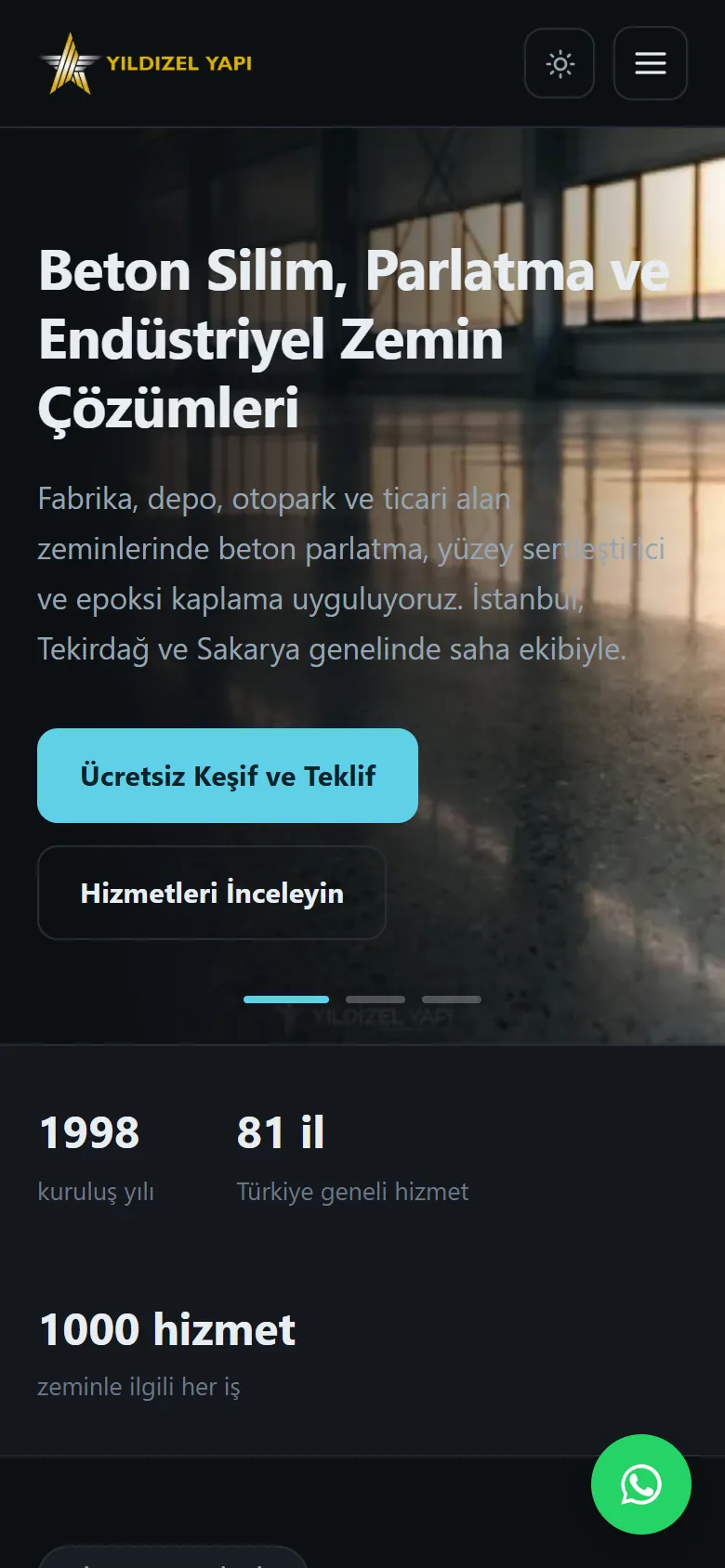 Yıldızel Yapı web sitesi mobil görünümü